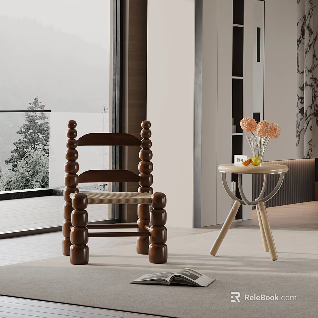Unique Wooden Dining Chair With Round Decorative Elements In Modern Interior With Mountain View 3d model 
