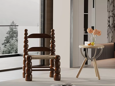 Unique Wooden Dining Chair With Round Decorative Elements In Modern Interior With Mountain View 3d model