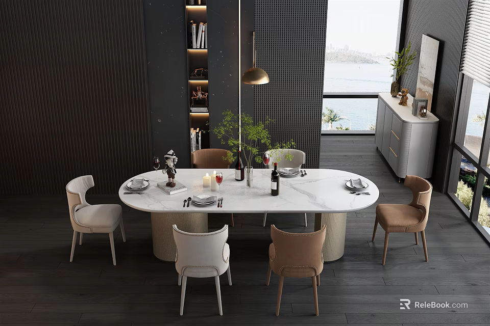 Modern Dining Table Set With White Marble Oval Top And Brown White Chairs Decorative Items 3d model