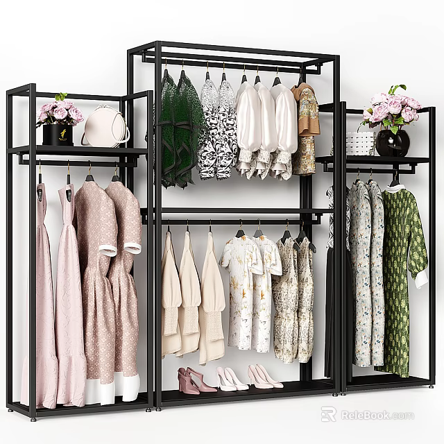 Colorful Clothes Hanging On Black Metal Rack With Floral Patterns And Pink Flowers Vase 3d model 