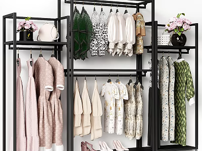Colorful Clothes Hanging On Black Metal Rack With Floral Patterns And Pink Flowers Vase 3d model