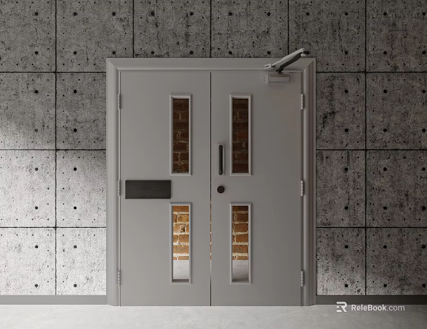 Modern Gray Double Doors With Glass Panels Against Concrete Wall Background 3d model 