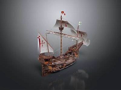 Vintage Sailing Ship Model Featuring Masts Sails Flags And Detailed Wooden Structure 3d model
