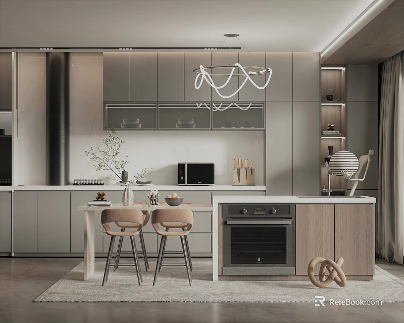 Modern Open Kitchen Dining Table Set With Bar Chairs And Pendant Chandelier 3d model 