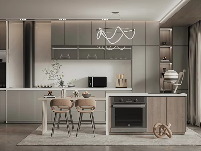 Modern Open Kitchen Dining Table Set With Bar Chairs And Pendant Chandelier 3d model