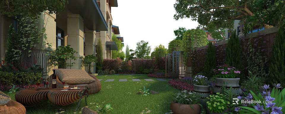 Serene Garden Landscape with Green Lawn Stone Pathway Diverse Plants and Outdoor Seating 3d model 
