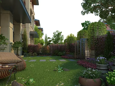 Serene Garden Landscape with Green Lawn Stone Pathway Diverse Plants and Outdoor Seating 3d model