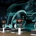 Smart Machines Featuring Illuminated Rings On Display Stands With Futuristic Tech Background 3d model