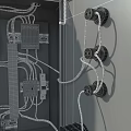 Industrial Equipment Cabinets With Warning Sign And Open Door Showing Internal Wiring Components