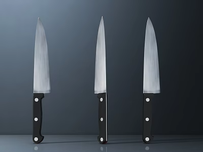 Three Piece Kitchen Knife Set With Silver Blades And Black Handles 3d model