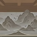 Traditional Chinese Wooden Background Wall With Mountain Relief And Flying Birds Design