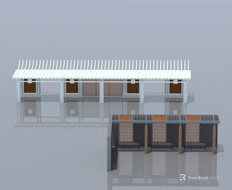 White Roofed Pavilion With Multiple Brown Swing Doors And Black Side Structures 3d model