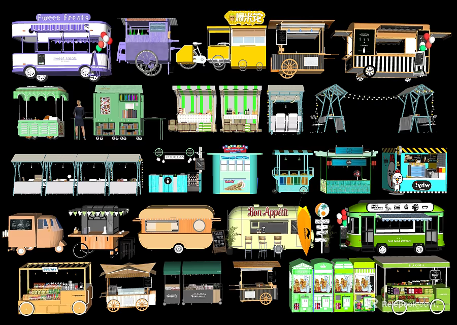 Assorted Food Trucks And Carts With Colorful Designs Various Styles And Mobile Stalls 3d model 
