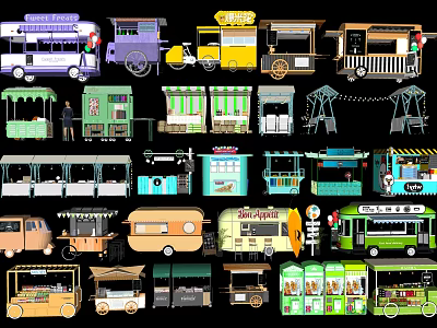 Assorted Food Trucks And Carts With Colorful Designs Various Styles And Mobile Stalls 3d model
