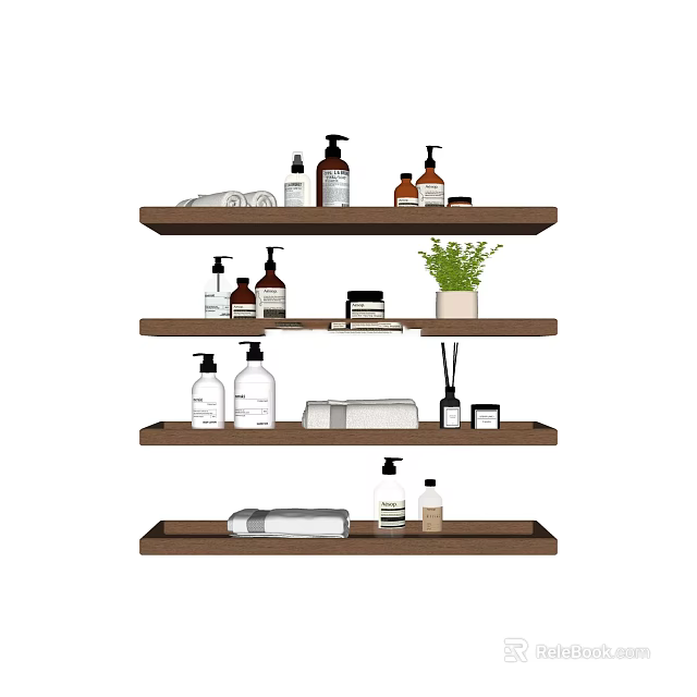 Daily Cleaning Essentials On Wooden Shelves With Bottles Soap Rolled Towels And Small Plant 3d model 
