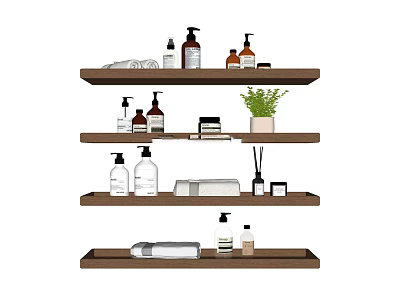 Daily Cleaning Essentials On Wooden Shelves With Bottles Soap Rolled Towels And Small Plant 3d model