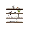 Daily Cleaning Essentials On Wooden Shelves With Bottles Soap Rolled Towels And Small Plant