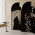 Stylish Black Three Panel Decorative Screen With White Floral Pattern And Small Side Table 3d model