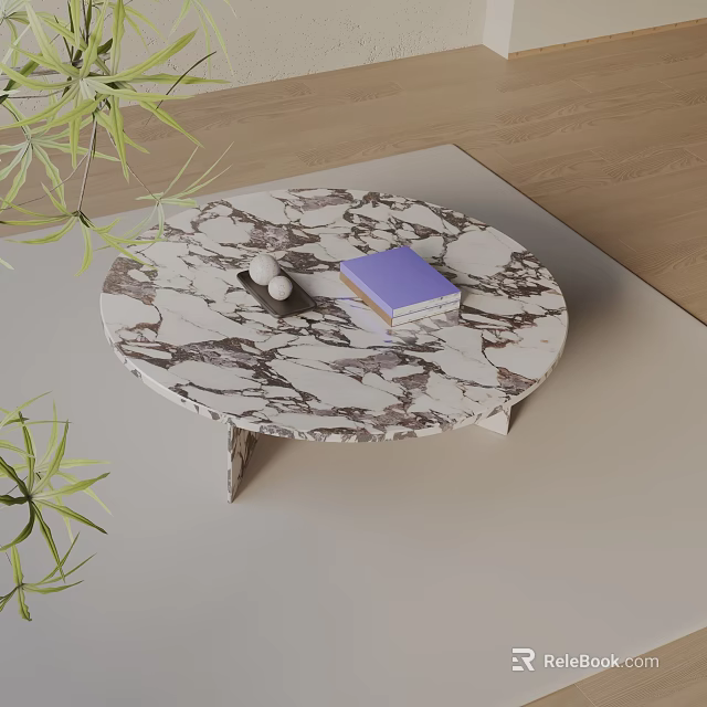 Modern Sofa And Coffee Table Set With Round Marble Top Decorative Books And Green Plants 3d model 