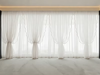 White Sheer Curtains With Scalloped Edges And Tiebacks In Modern Interior 3d model