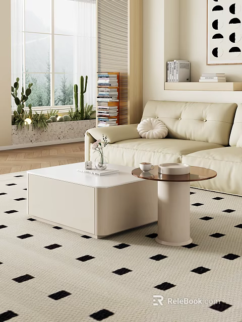 Beige Sofa Coffee Table Set With White Top And Round Side Table In Modern Living Room 3d model 