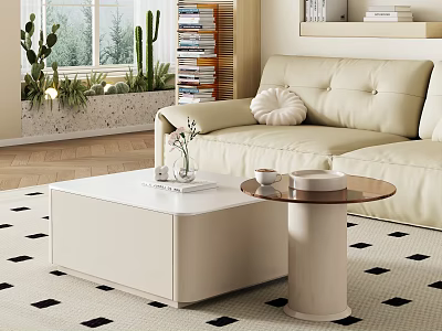 Beige Sofa Coffee Table Set With White Top And Round Side Table In Modern Living Room 3d model