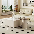 Beige Sofa Coffee Table Set With White Top And Round Side Table In Modern Living Room