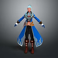 Fantasy Game Character With Blue White Hair Blue Robe Silver Decor Brown Belt And Boots