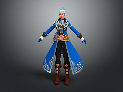 Fantasy Game Character With Blue White Hair Blue Robe Silver Decor Brown Belt And Boots 3d model