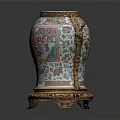 Traditional Ceramic Vessel With Colorful Intricate Patterns And Golden Decorative Base