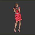 Red Dress Woman Holding Camera Against Grey Background With Pink Heels