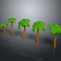 Five Different Sizes Green Palm Trees With Orange Trunks On Gray Background And Reflections