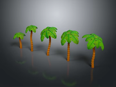 Five Different Sizes Green Palm Trees With Orange Trunks On Gray Background And Reflections 3d model