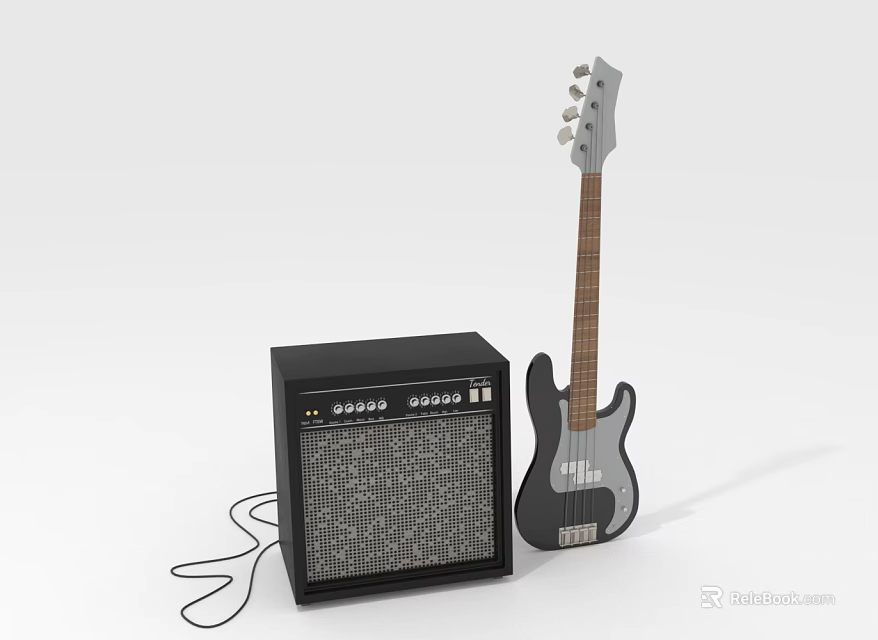Black Electric Bass Guitar And Amplifier Setup With Cable On White Background 3d model 