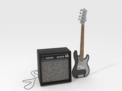 Black Electric Bass Guitar And Amplifier Setup With Cable On White Background 3d model