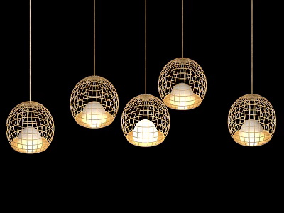 Spherical Woven Grid Pendant Lights with Warm Glow Hanging in Dark Setting 3d model