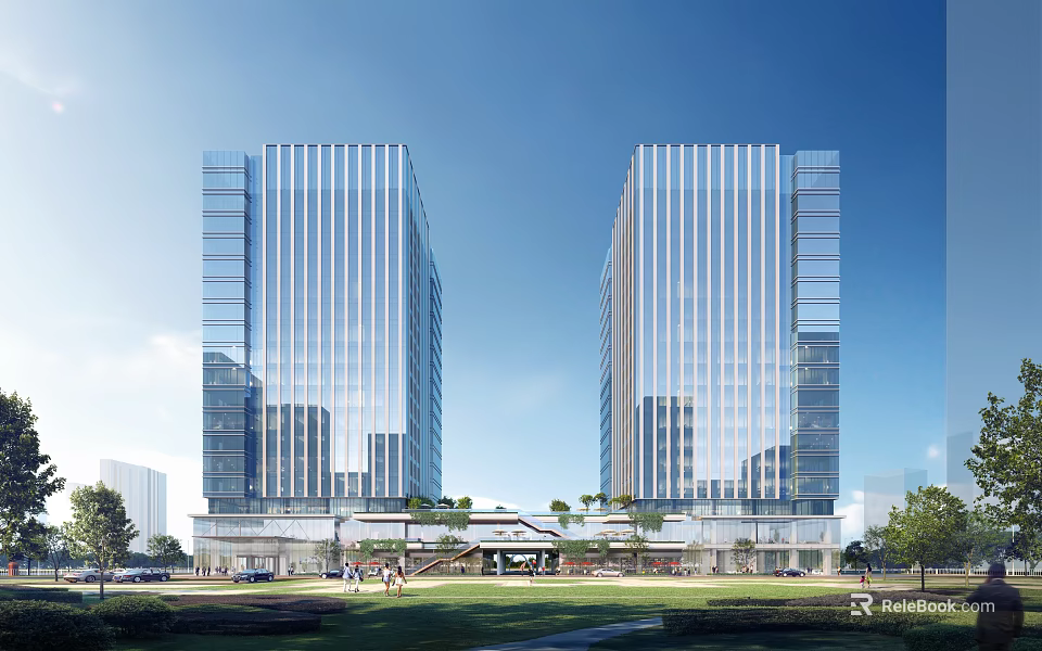 Modern Twin Office Towers Featuring Glass Curtain Walls And Green Lawn Space 3d model 