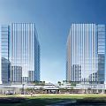 Modern Twin Office Towers Featuring Glass Curtain Walls And Green Lawn Space