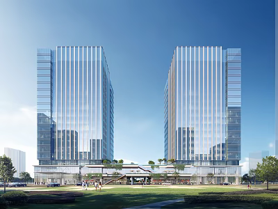 Modern Twin Office Towers Featuring Glass Curtain Walls And Green Lawn Space 3d model