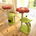 Green Cat Tree With Red Flower Shaped Top Platforms Cat Cave And Hanging Bell Toy
