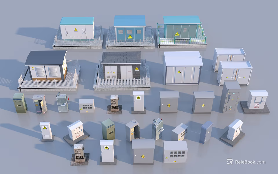 Various Small Building Models With Colorful Roofs Different Structures And Warning Signs 3d model 