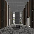 Modern Elevator Lobby Featuring Dark Panels Ambient Lighting And Marble Floor 3d model