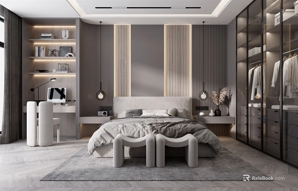 Modern Bedroom Interior With Wooden Panel Headboard Recessed Lighting Glass Sliding Wardrobe And Gray Rug 3d model 