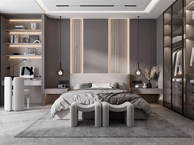 Modern Bedroom Interior With Wooden Panel Headboard Recessed Lighting Glass Sliding Wardrobe And Gray Rug 3d model