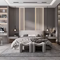 Modern Bedroom Interior With Wooden Panel Headboard Recessed Lighting Glass Sliding Wardrobe And Gray Rug