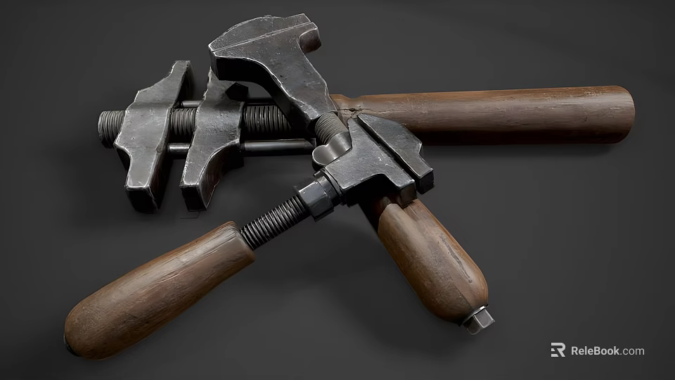 Vintage Industrial Clamps And Tools With Wooden Handles On Gray Background 3d model 