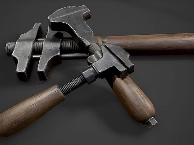Vintage Industrial Clamps And Tools With Wooden Handles On Gray Background 3d model
