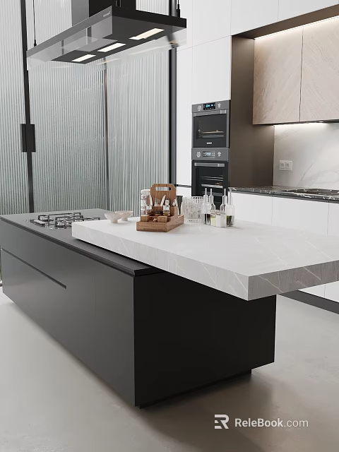 Modern Open Concept Kitchen Interior With Spacious Island And Appliances 3d model