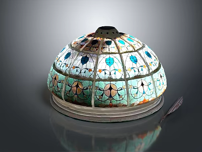 Cartoon Scene Displaying Colorful Stained Glass Dome Lamp With Intricate Patterns And Metal Frame 3d model