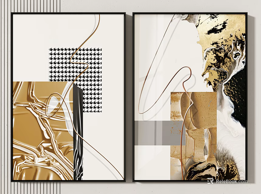 Modern Abstract Wall Art With Golden Black White Geometric Patterns And Textures 3d model